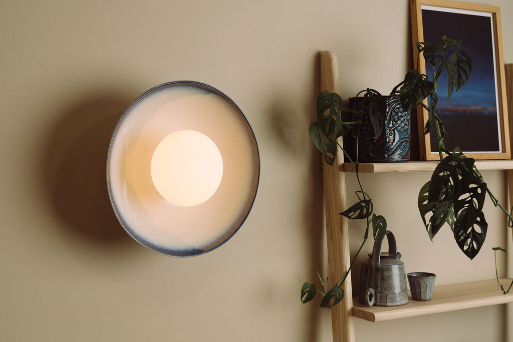 Blue & White Dawn Wall Light Sconce in Ceramic and Oak