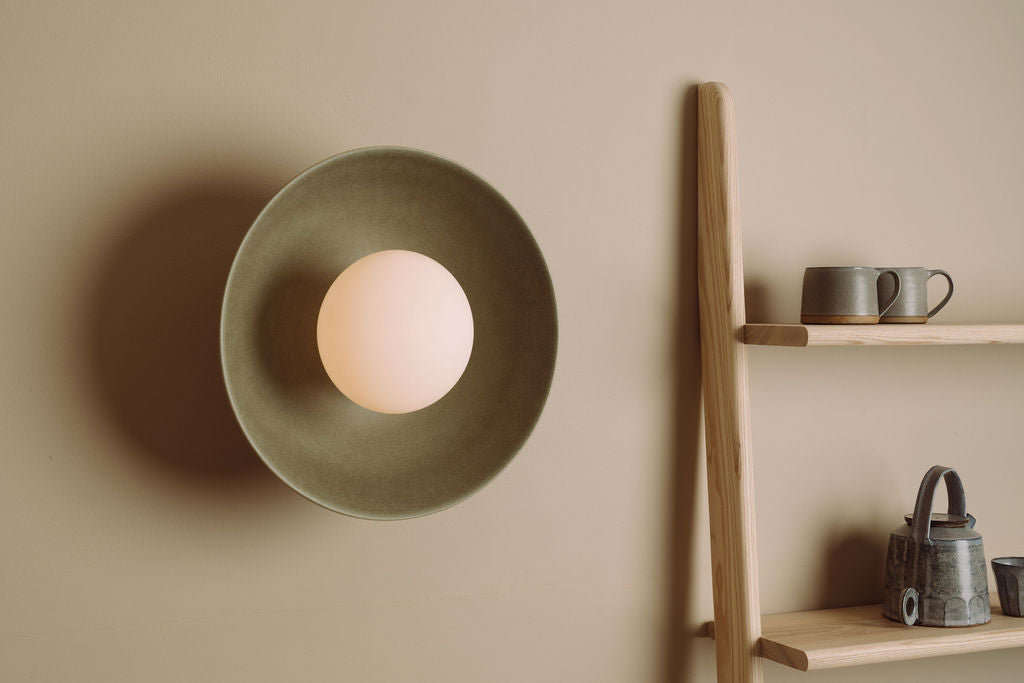 Green Dawn Wall Light Sconce in Ceramic and Oak