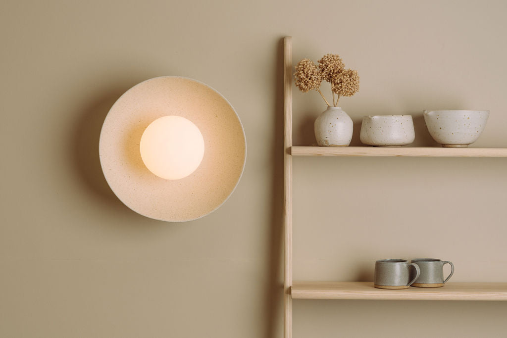 Speckled Cream Matt Dawn Wall Light Sconce in Ceramic and Oak