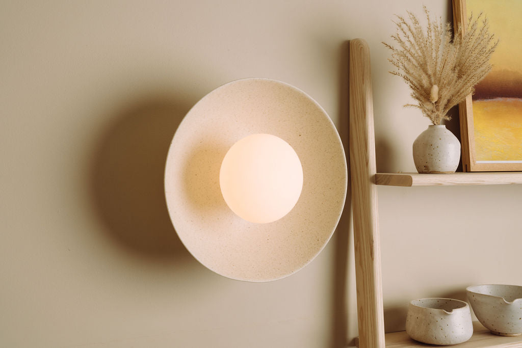 Speckled Cream Matt Dawn Wall Light Sconce in Ceramic and Oak