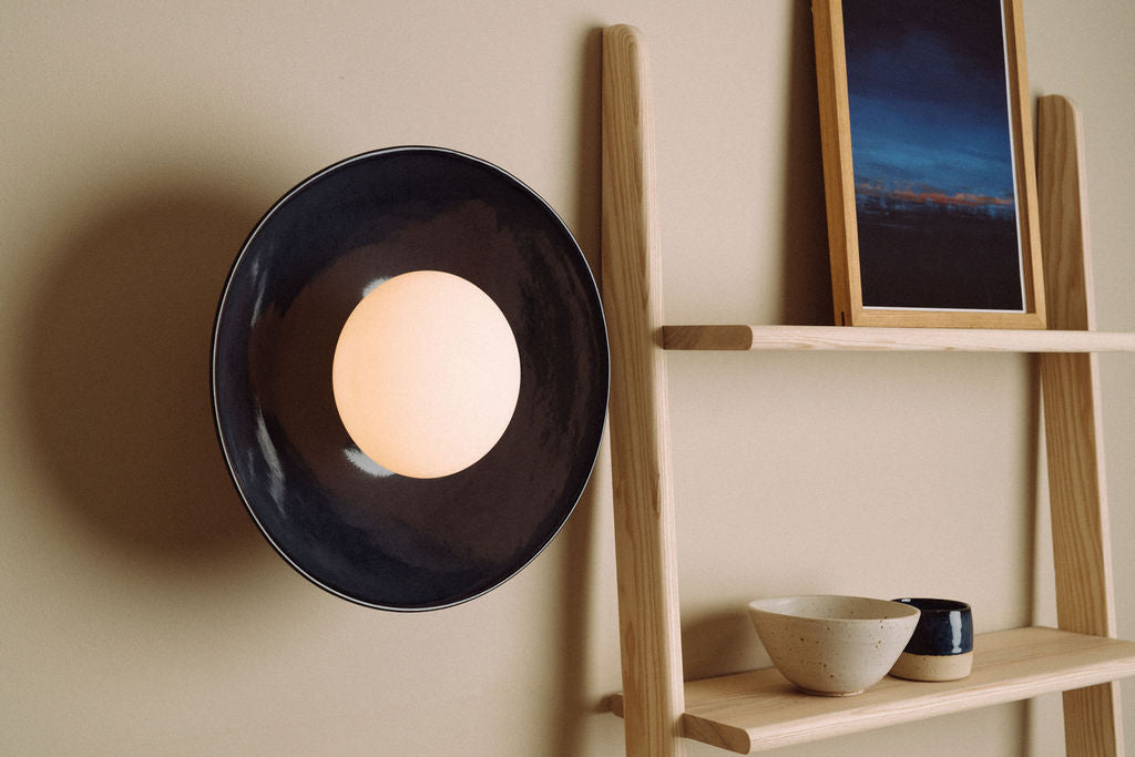 Blue Dawn Wall Light Sconce in Ceramic and Oak