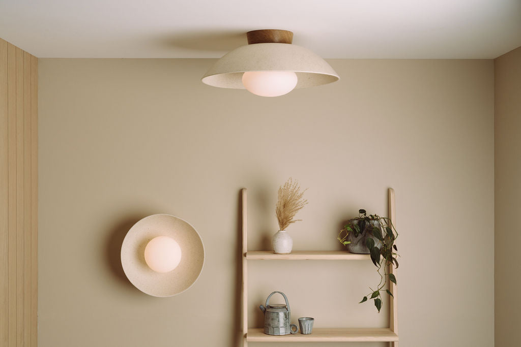 Speckled Cream Matt XL Dawn Flush Mount Ceiling Light in Ceramic and Oak