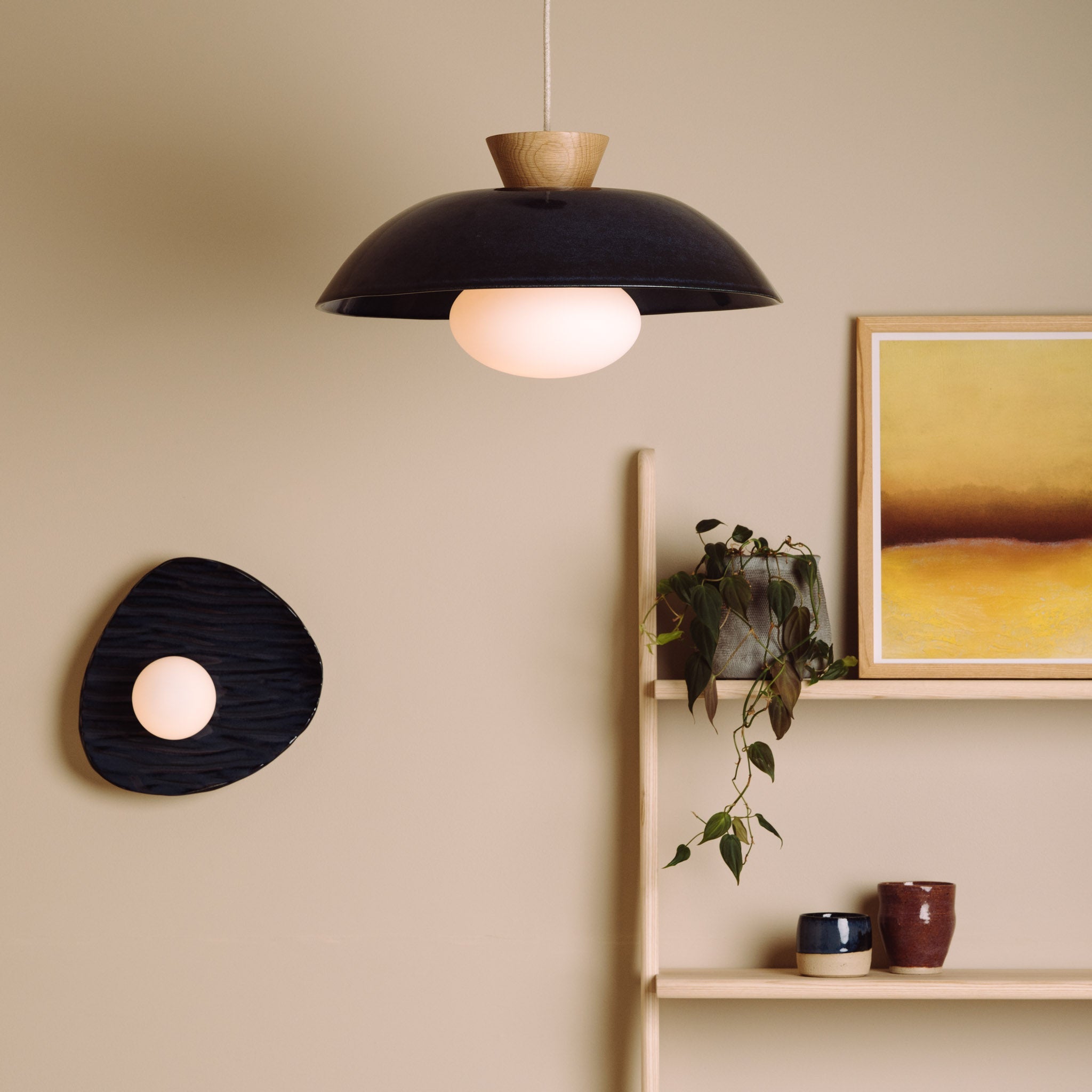 Blue Towan Wall Light in Ceramic and Oak