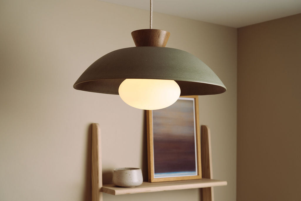 Green XL Dawn Pendant Light in Ceramic and Oak