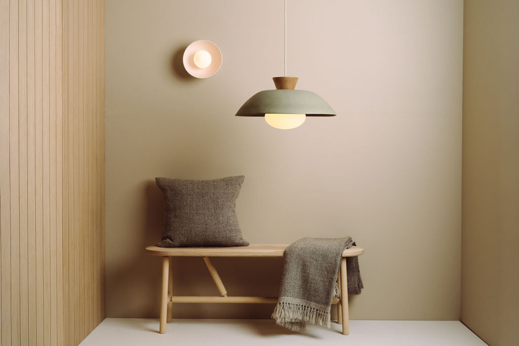 Green XL Dawn Pendant Light in Ceramic and Oak