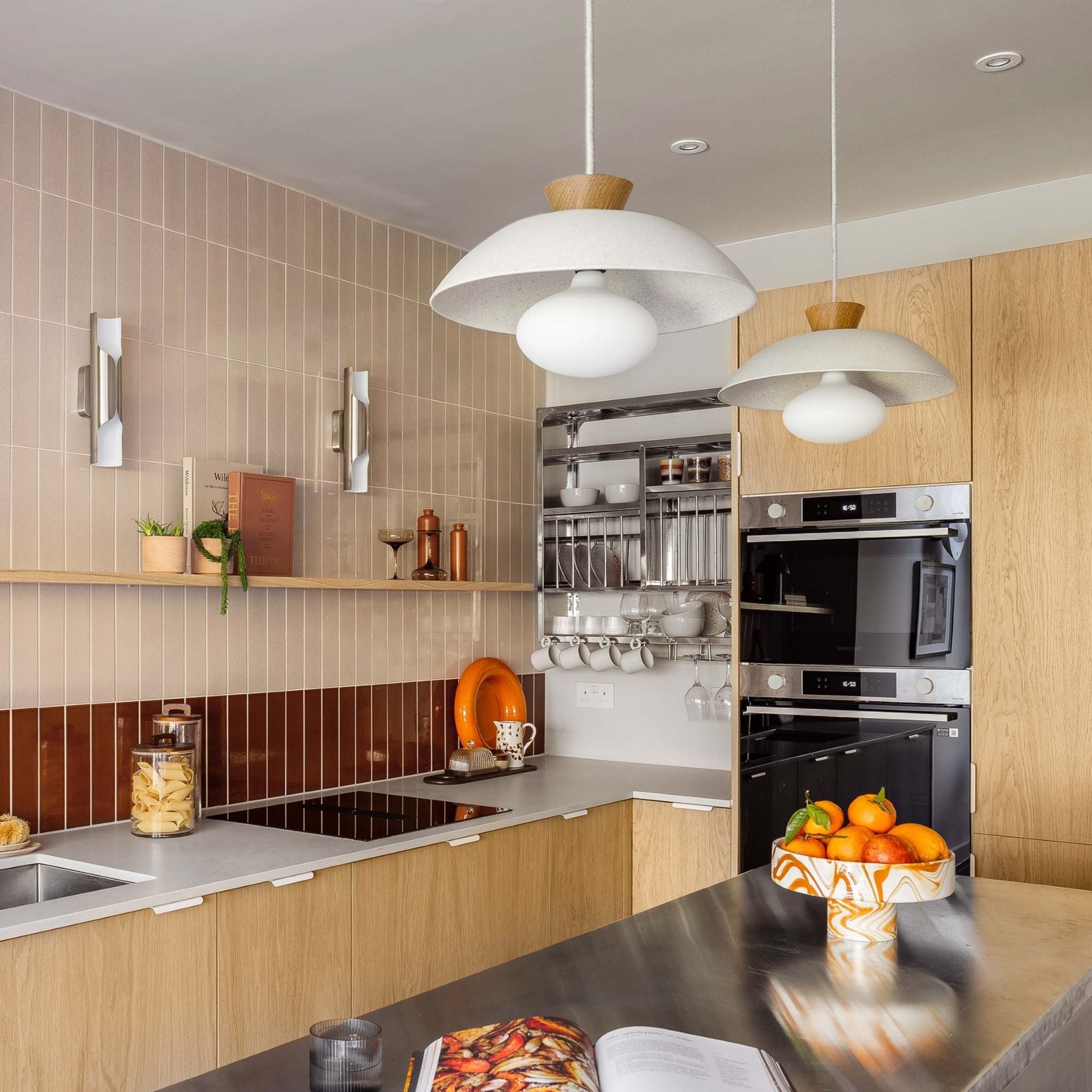 White Dawn Pendant Light in Ceramic and Oak