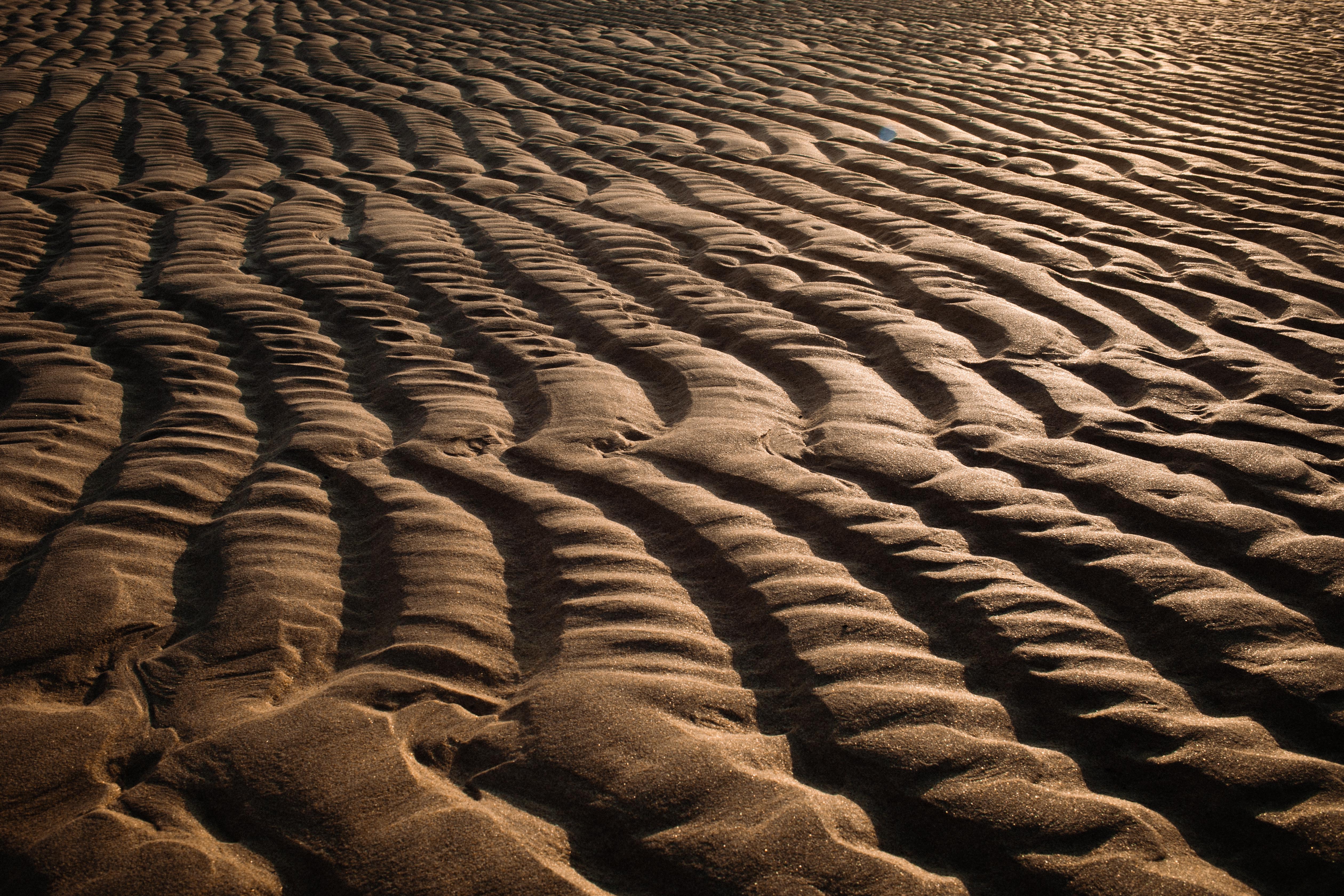 Sandscape of ripples in the sand at a Cornish beach, with the light reflecting