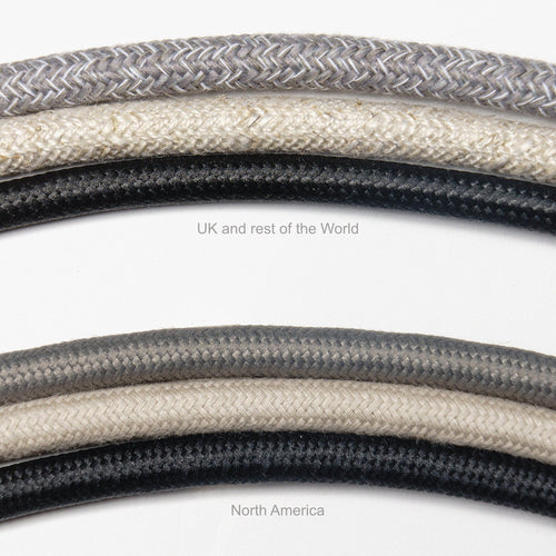 Close-up of braided cables with text indicating different regions.