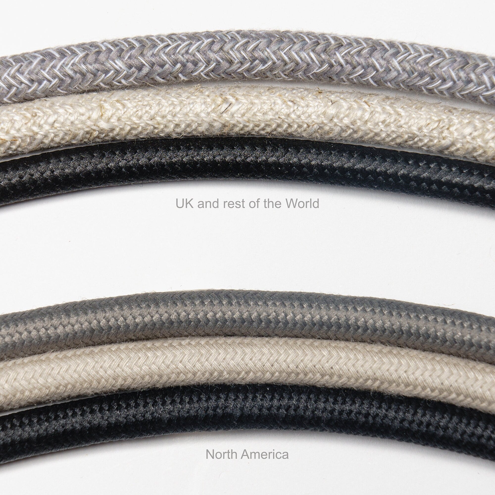 Close-up of braided cables with text indicating different regions.