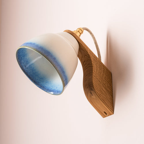 Blue and White Element Wall Light in Ceramic and Oak