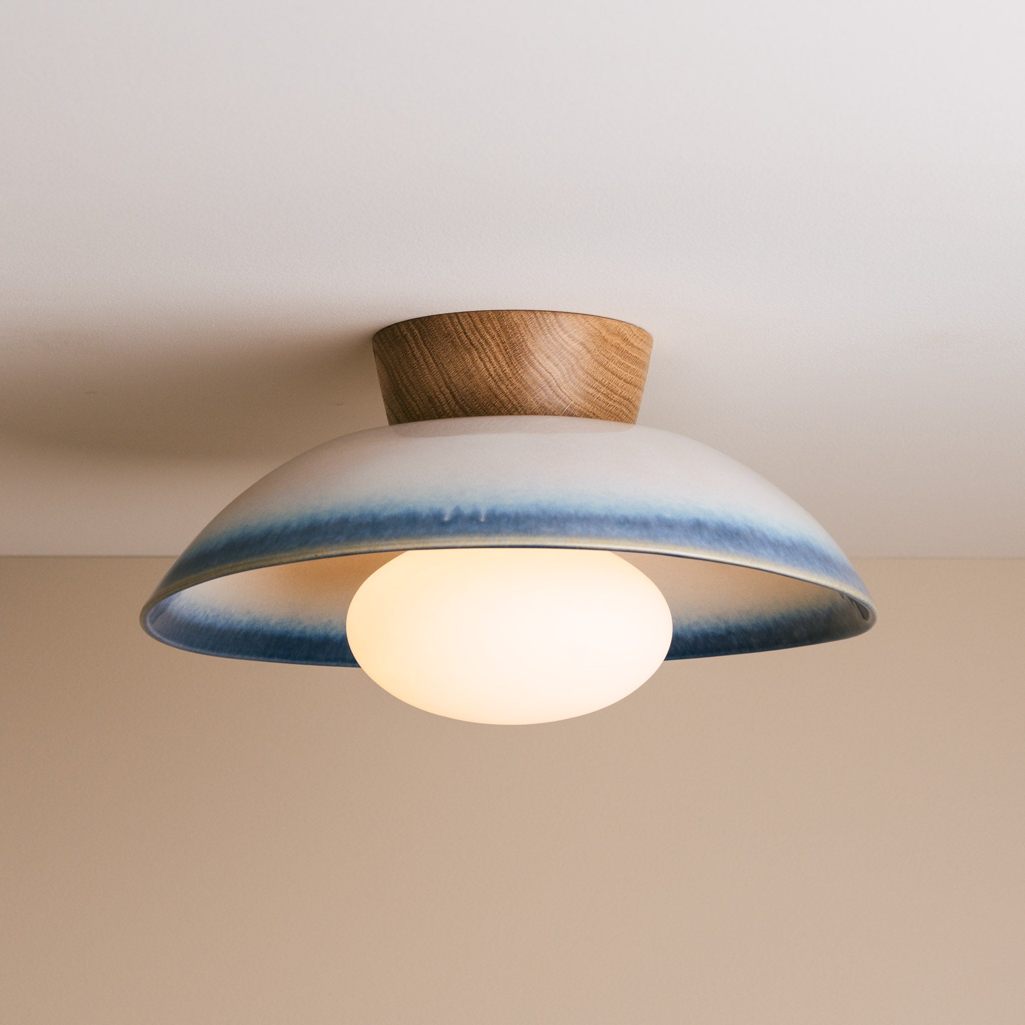 Blue and White Dawn Flush Mount Ceiling Light in Ceramic and Oak