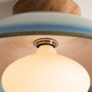 Blue and White Dawn Flush Mount Ceiling Light in Ceramic and Oak