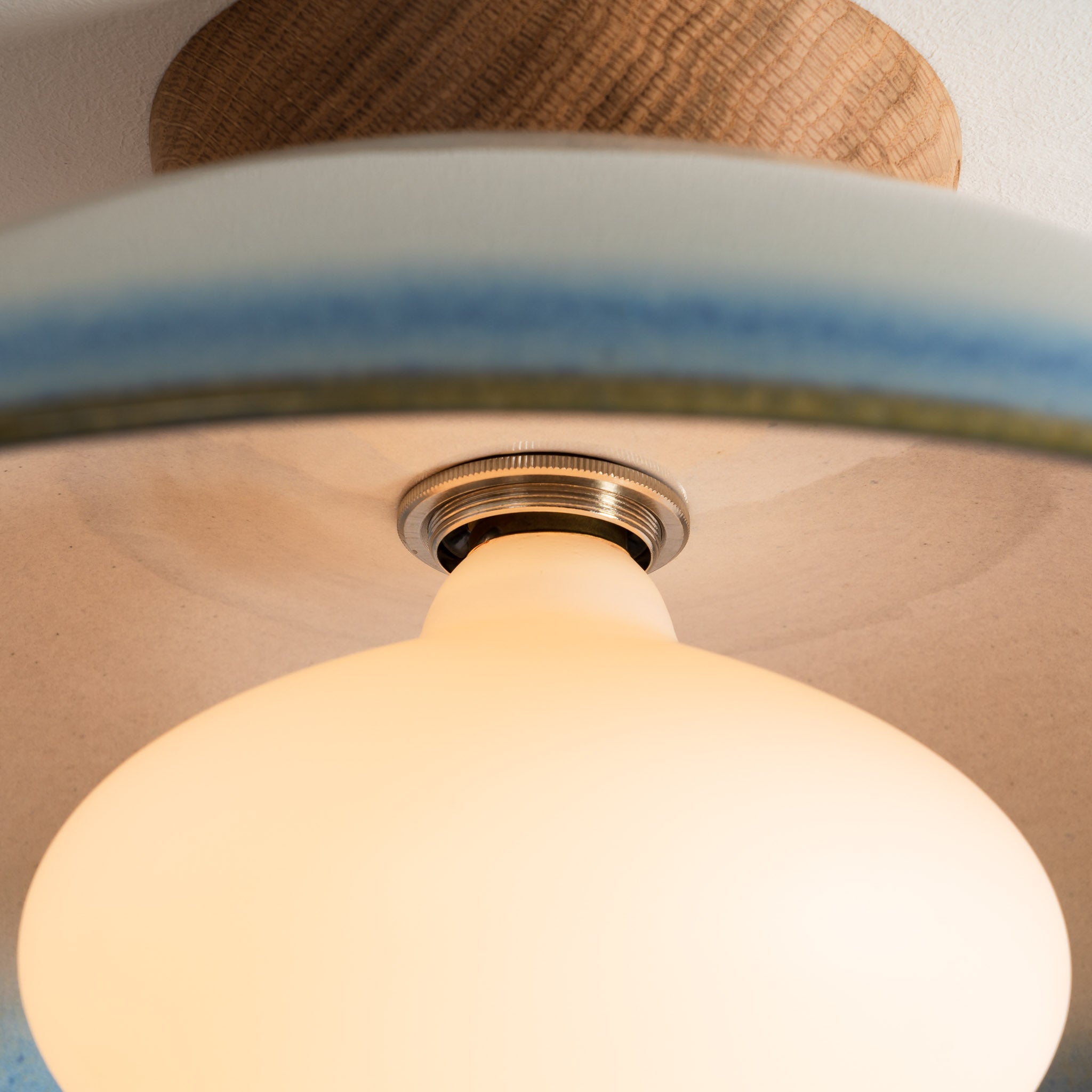 Blue and White Dawn Flush Mount Ceiling Light in Ceramic and Oak