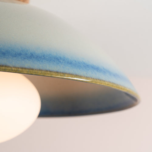Blue and White Dawn Flush Mount Ceiling Light in Ceramic and Oak