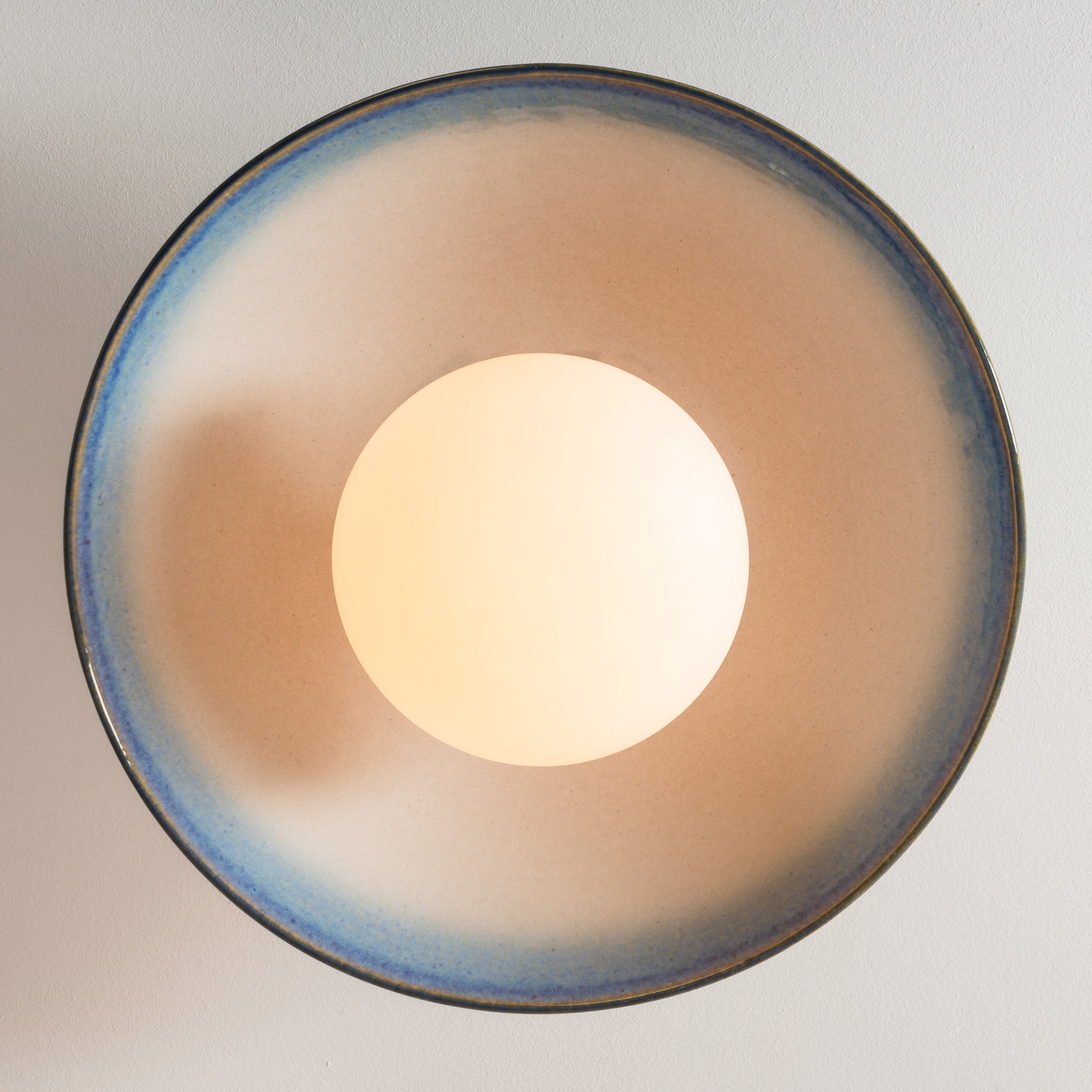 Blue and White Dawn Flush Mount Ceiling Light in Ceramic and Oak