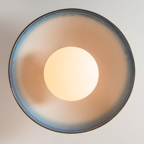 Blue and White Dawn Flush Mount Ceiling Light in Ceramic and Oak