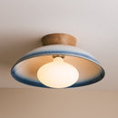 Blue and White Dawn Flush Mount Ceiling Light in Ceramic and Oak
