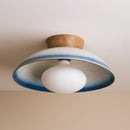 Blue and White Dawn Flush Mount Ceiling Light in Ceramic and Oak