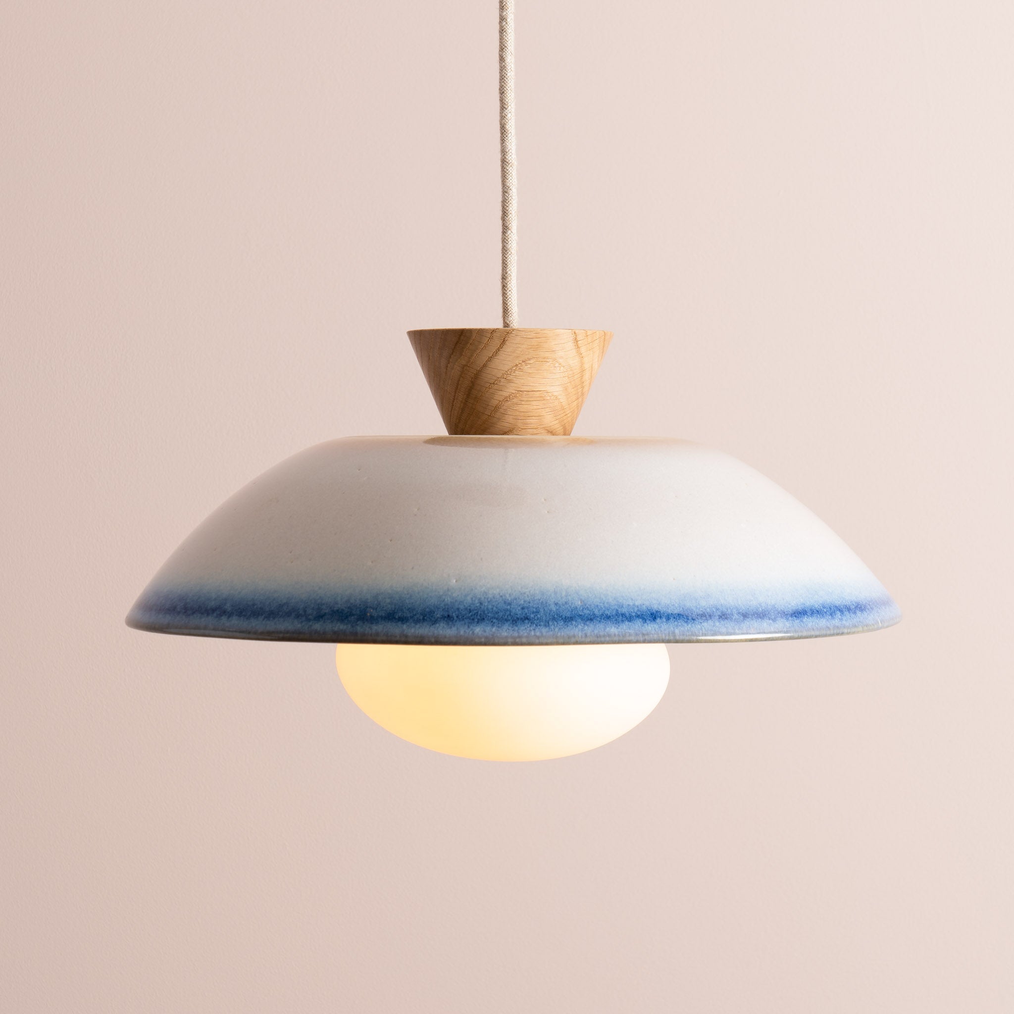 Blue & White Dawn Pendant Light in Ceramic and Oak
