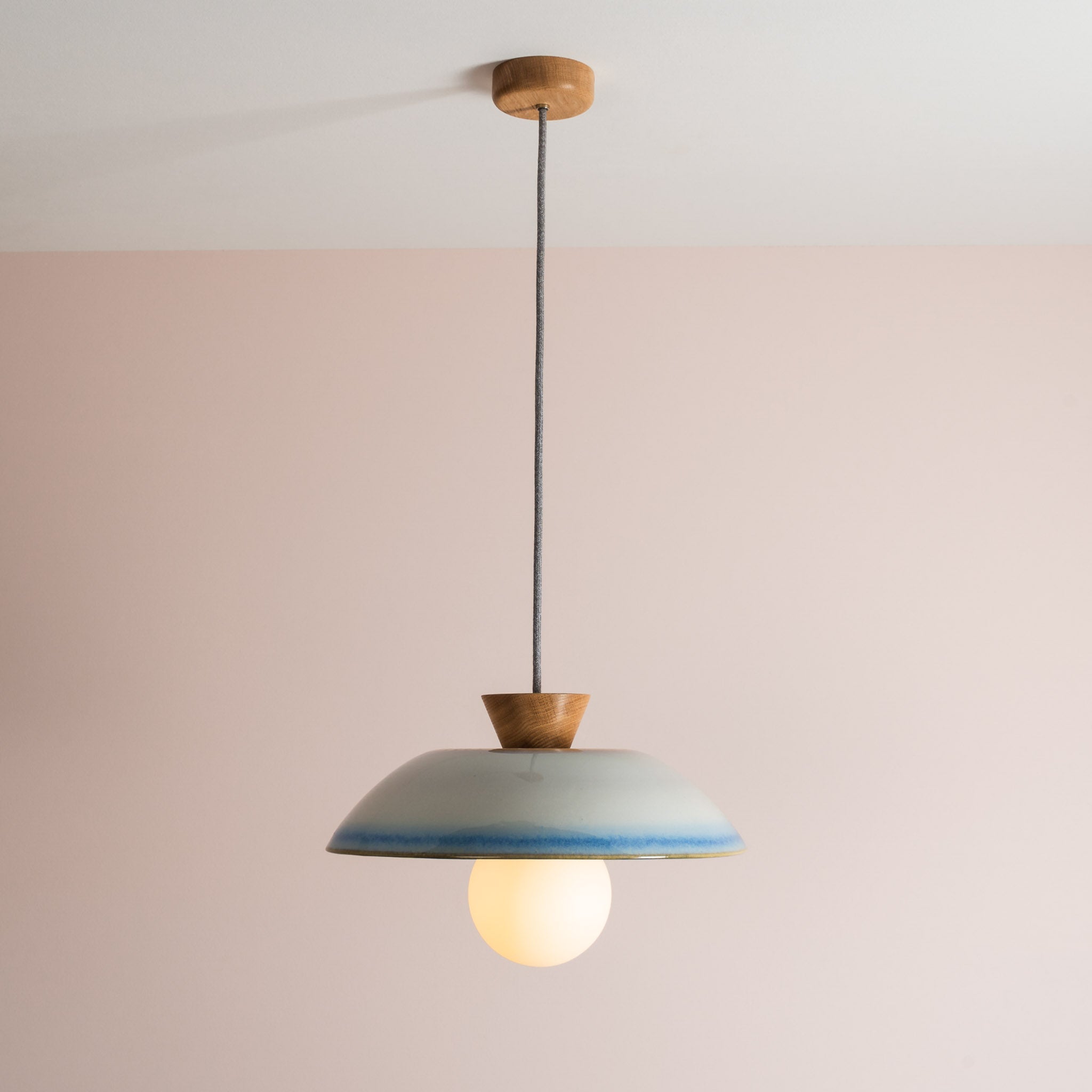 Blue & White Dawn Pendant Light in Ceramic and Oak