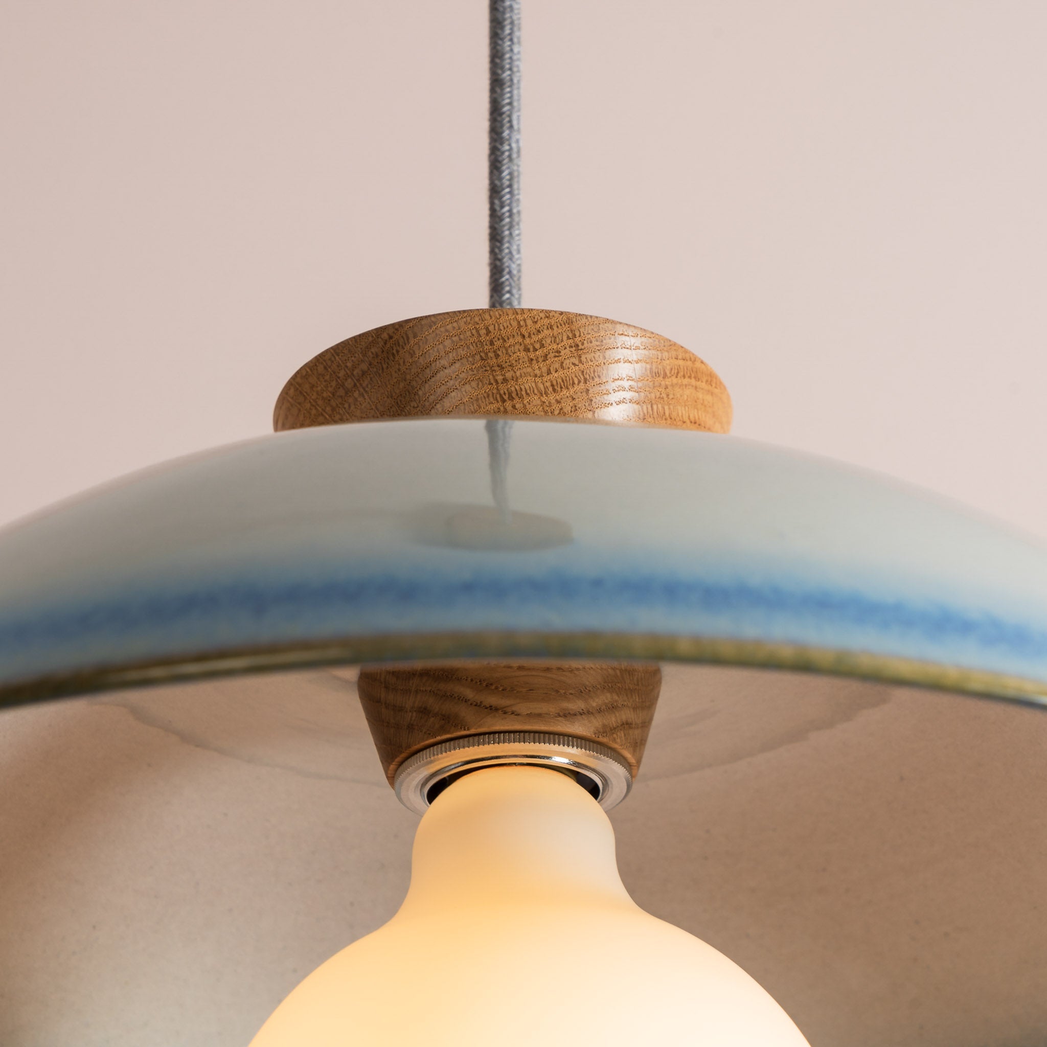 Blue & White Dawn Pendant Light in Ceramic and Oak