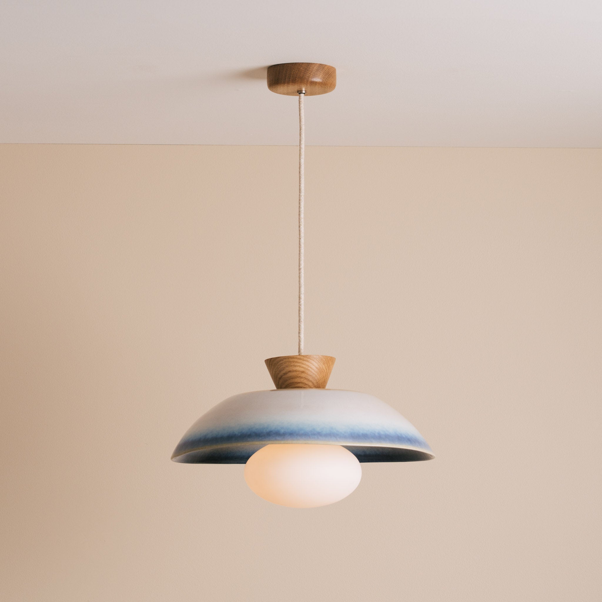Blue & White Dawn Pendant Light in Ceramic and Oak