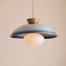 Blue & White Dawn Pendant Light in Ceramic and Oak