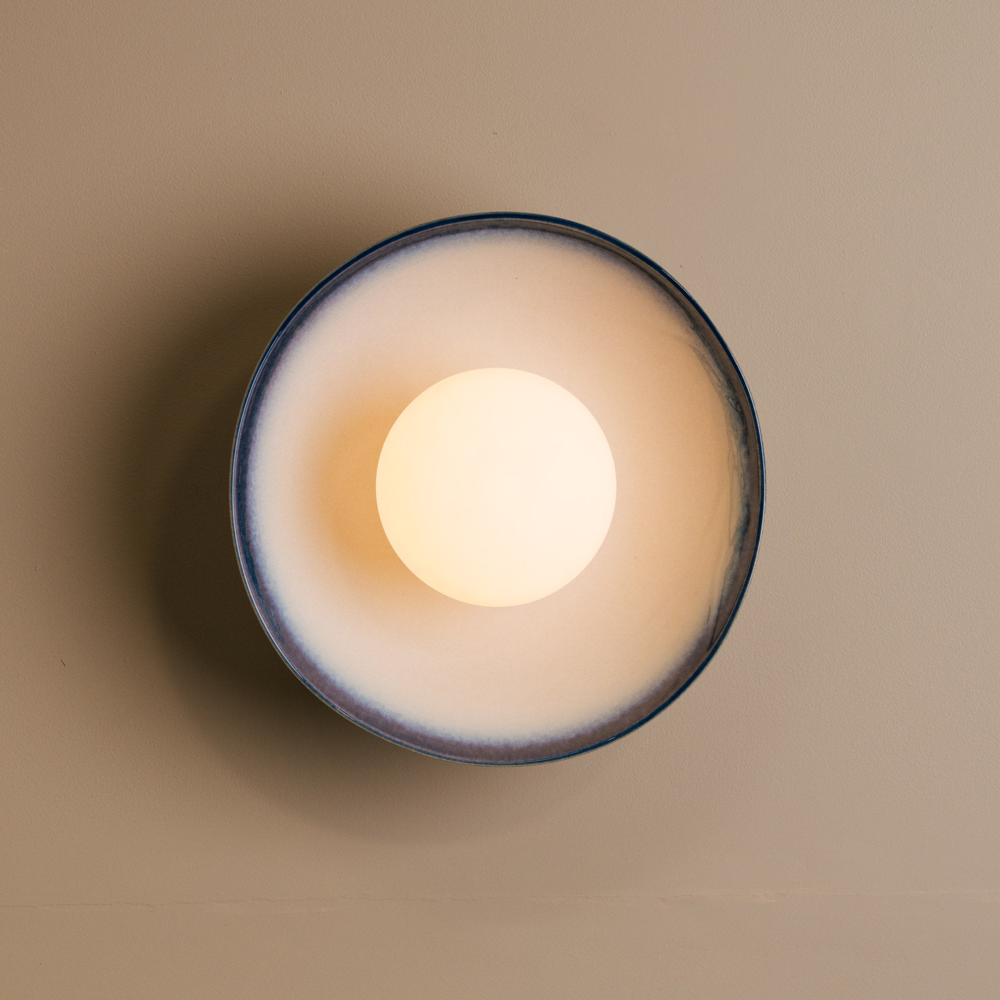 Blue & White Dawn Wall Light Sconce in Ceramic and Oak
