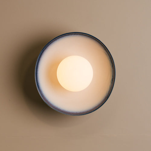 Blue & White Dawn Wall Light Sconce in Ceramic and Oak