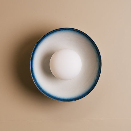 Blue & White Dawn Wall Light Sconce in Ceramic and Oak