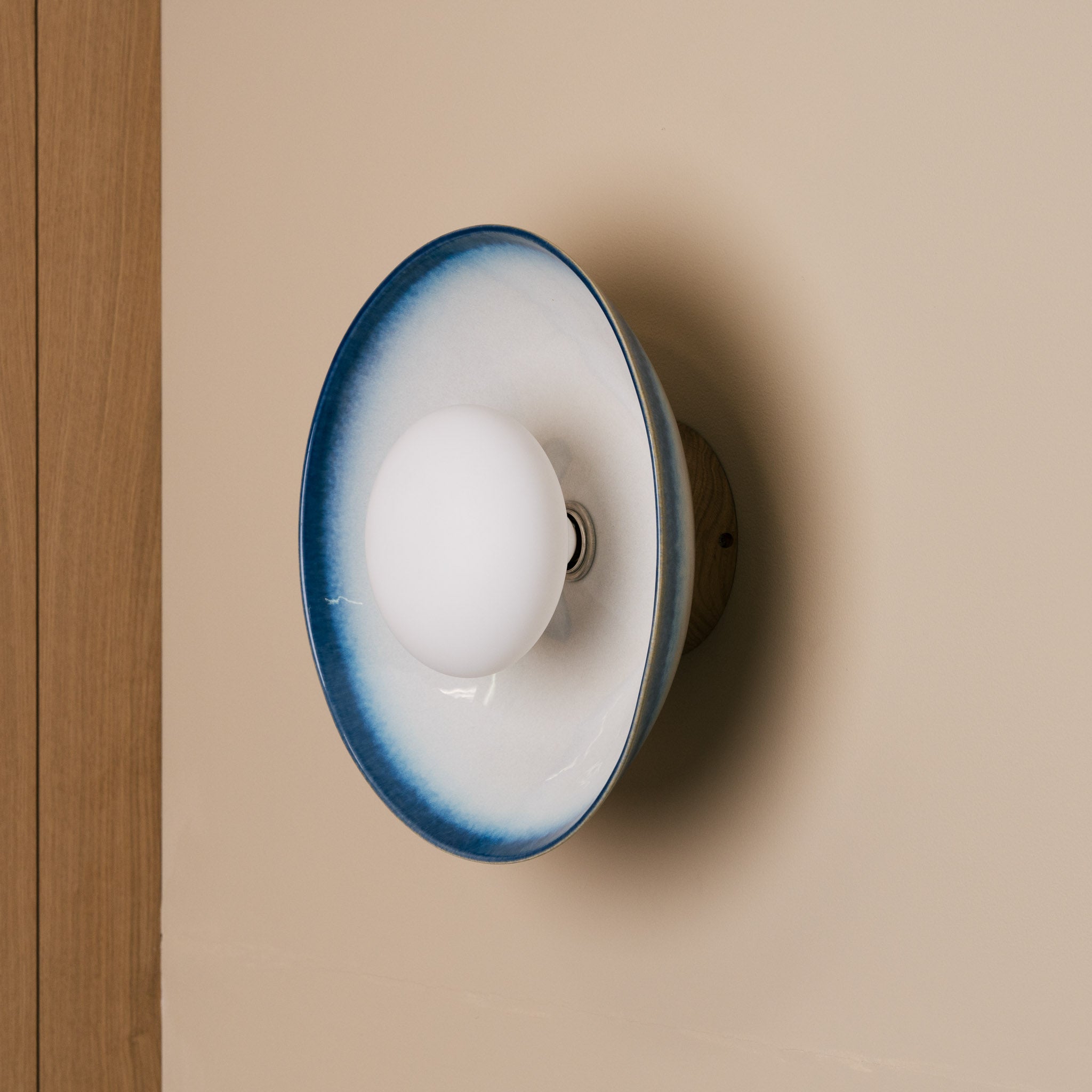 Blue & White Dawn Wall Light Sconce in Ceramic and Oak