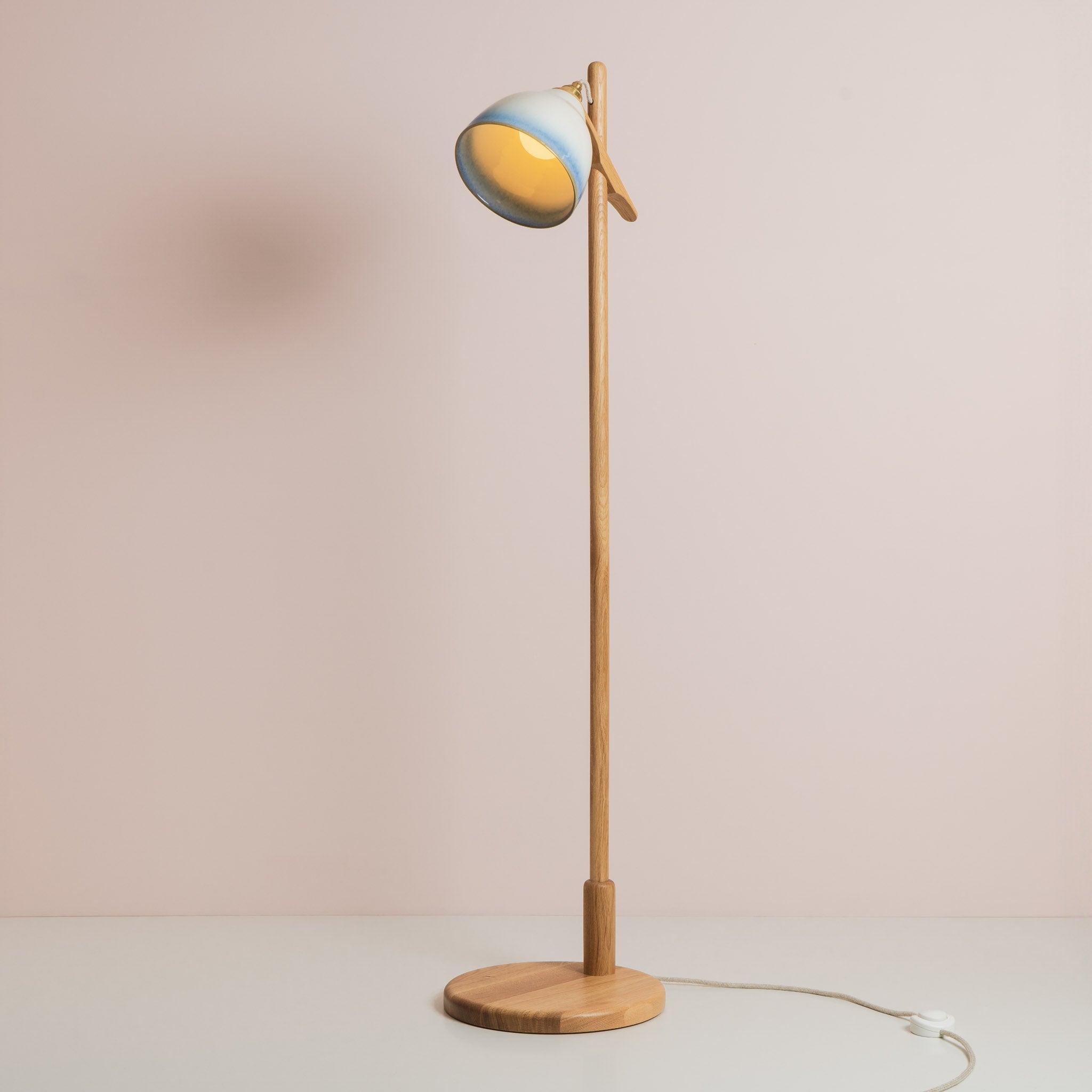 Blue and White Element Floor Lamp in Solid Oak Wood and Ceramic