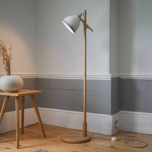 Blue and White Element Floor Lamp in Solid Oak Wood and Ceramic