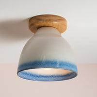 Blue and White Element Flush Mount Ceiling Light in Ceramic and Oak