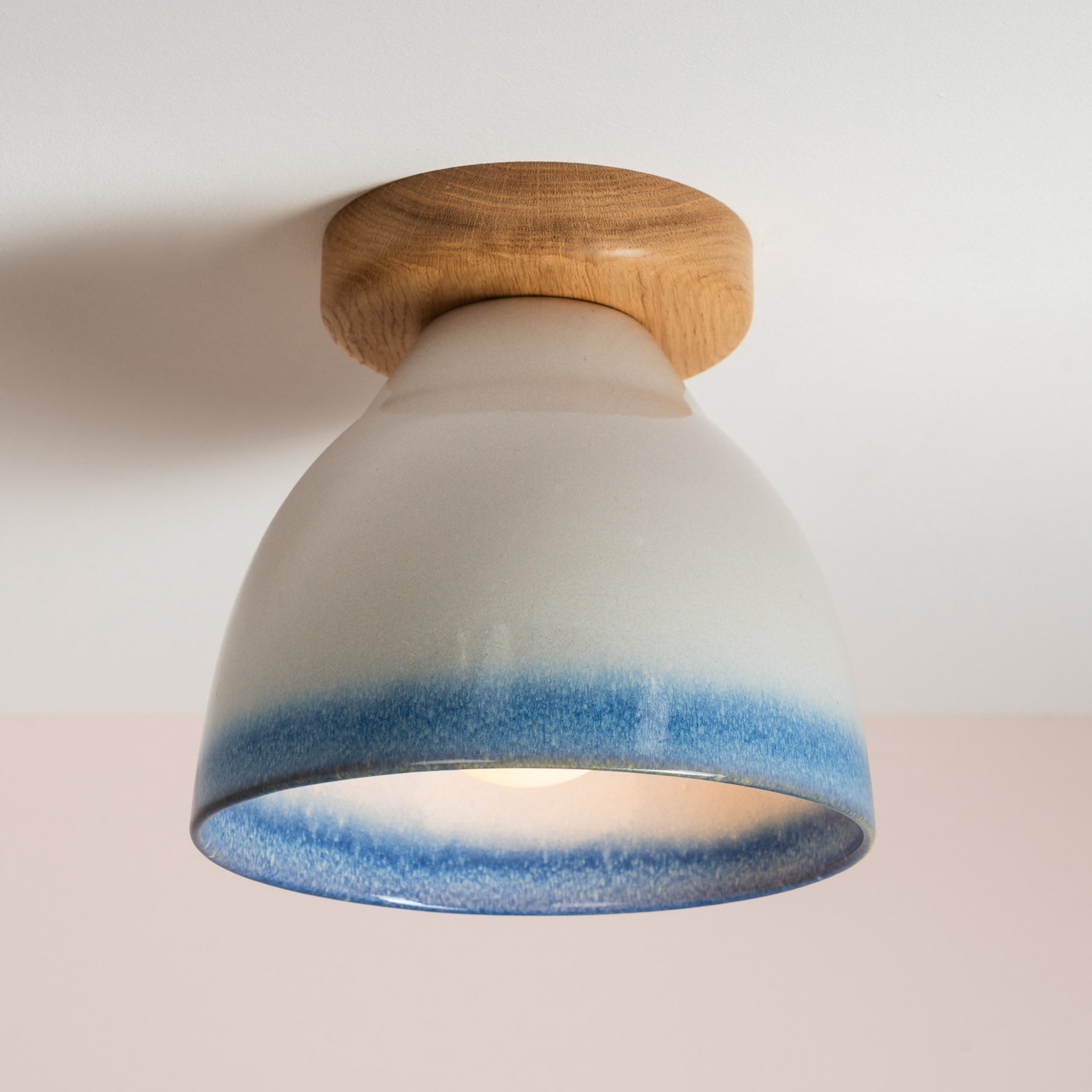 Blue and White Element Flush Mount Ceiling Light in Ceramic and Oak