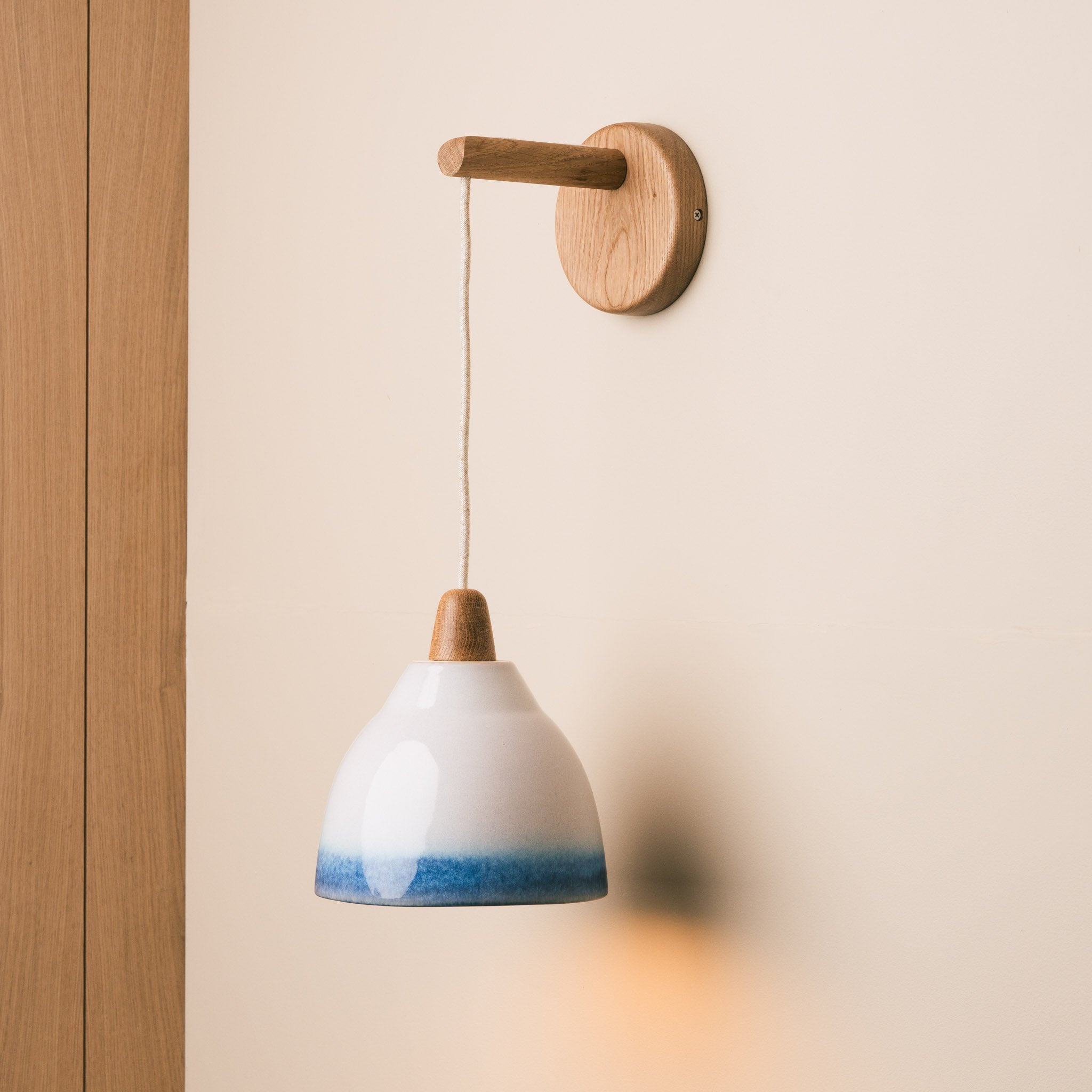 Blue and White Element Hanging Wall Light in Ceramic and Oak