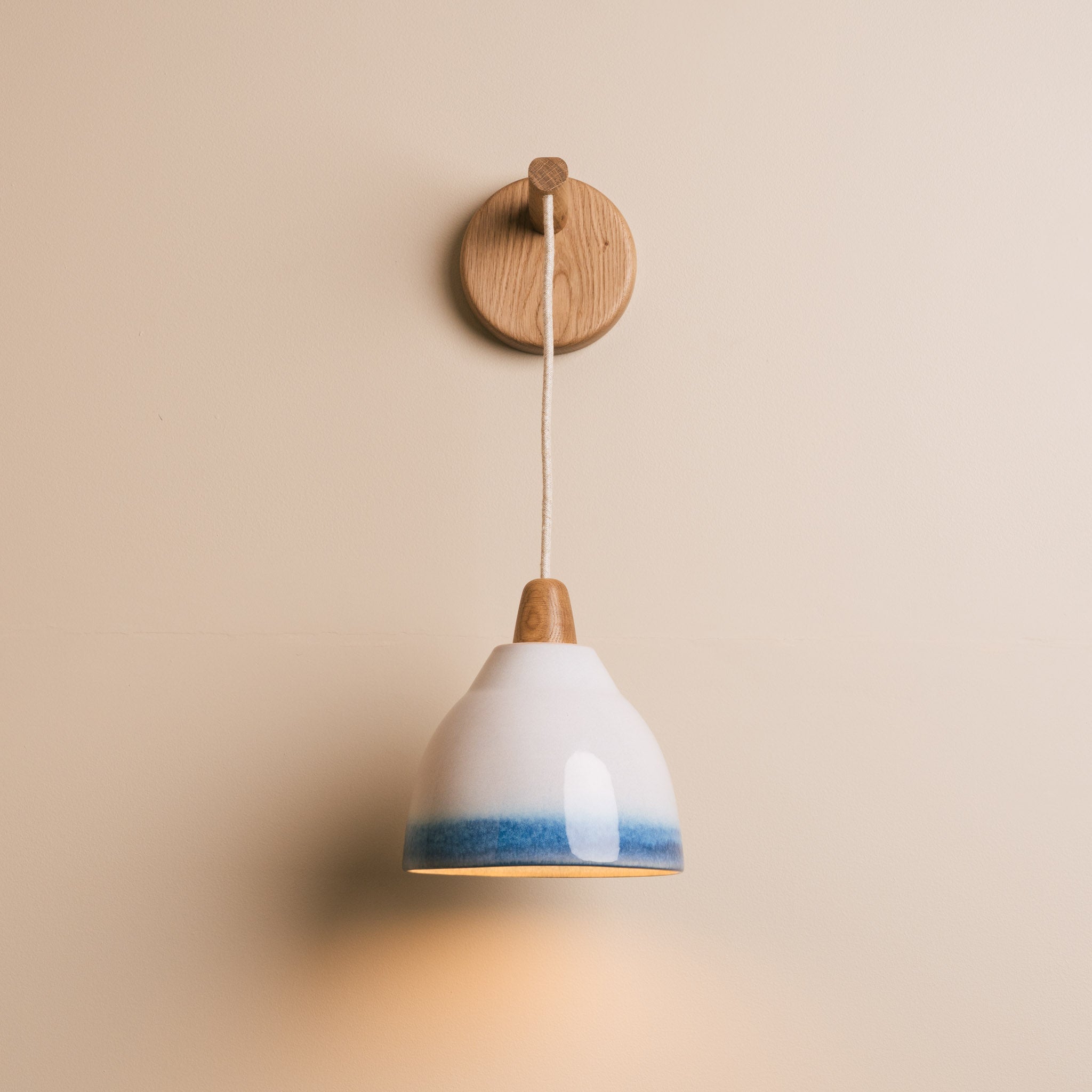 Blue and White Element Hanging Wall Light in Ceramic and Oak
