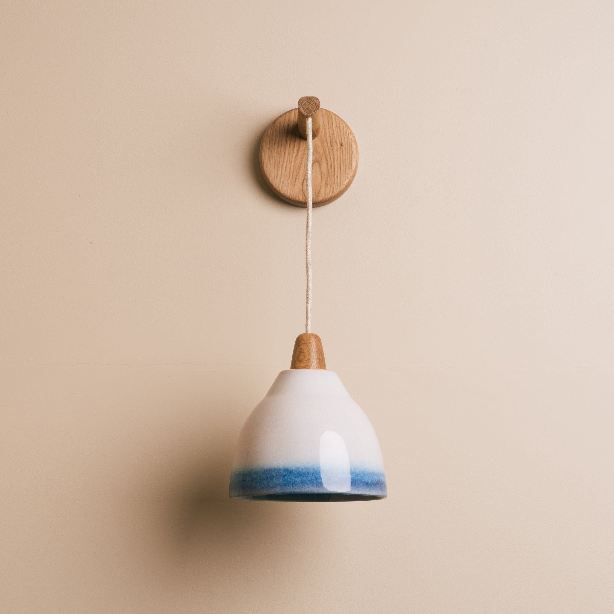 Blue and White Element Hanging Wall Light in Ceramic and Oak