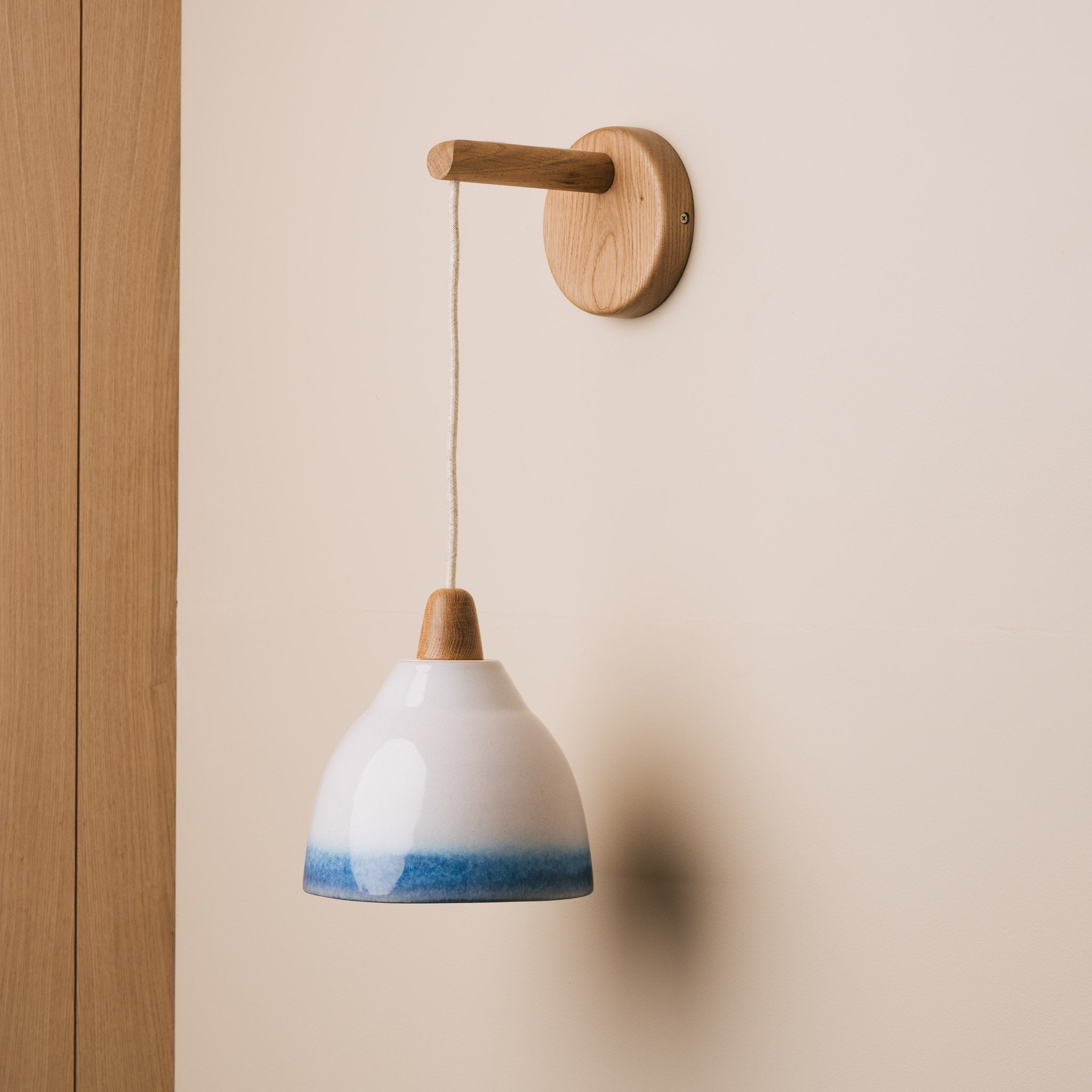 Blue and White Element Hanging Wall Light in Ceramic and Oak