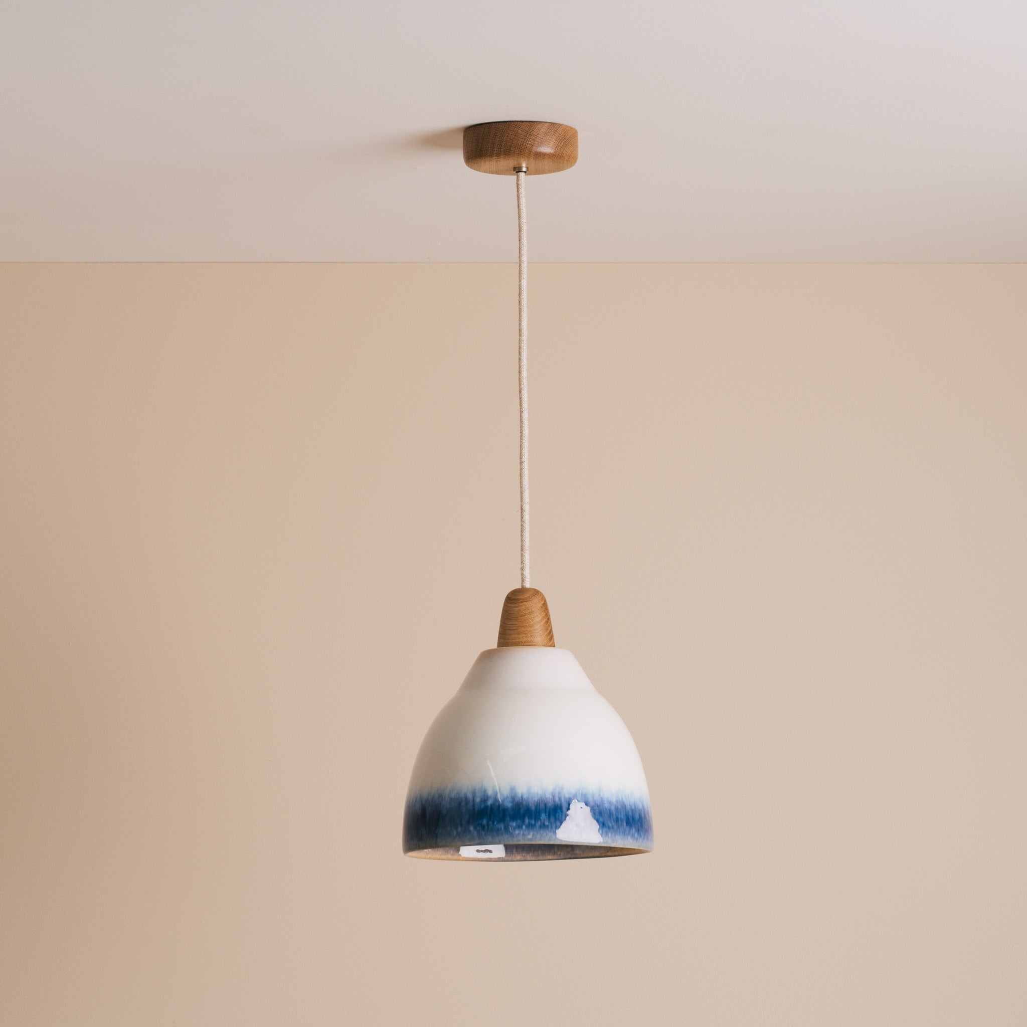 Blue and White Element Pendant Light in Ceramic and Oak