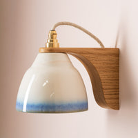 Blue and White Right-Angle Element Wall Light in Ceramic and Oak