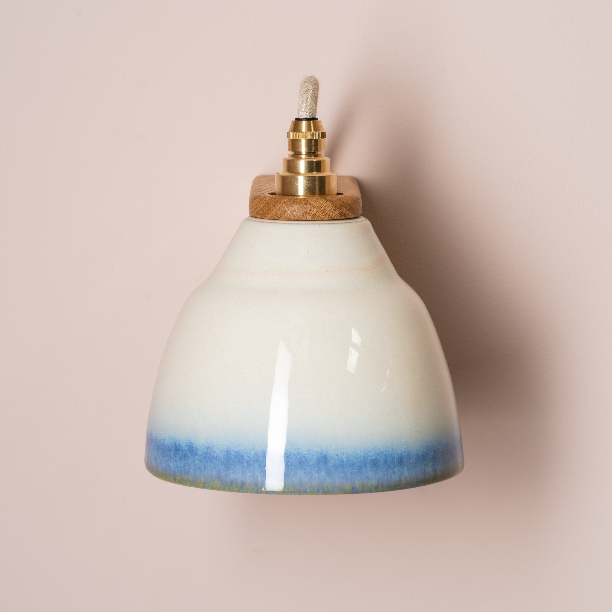 Blue and White Right-Angle Element Wall Light in Ceramic and Oak