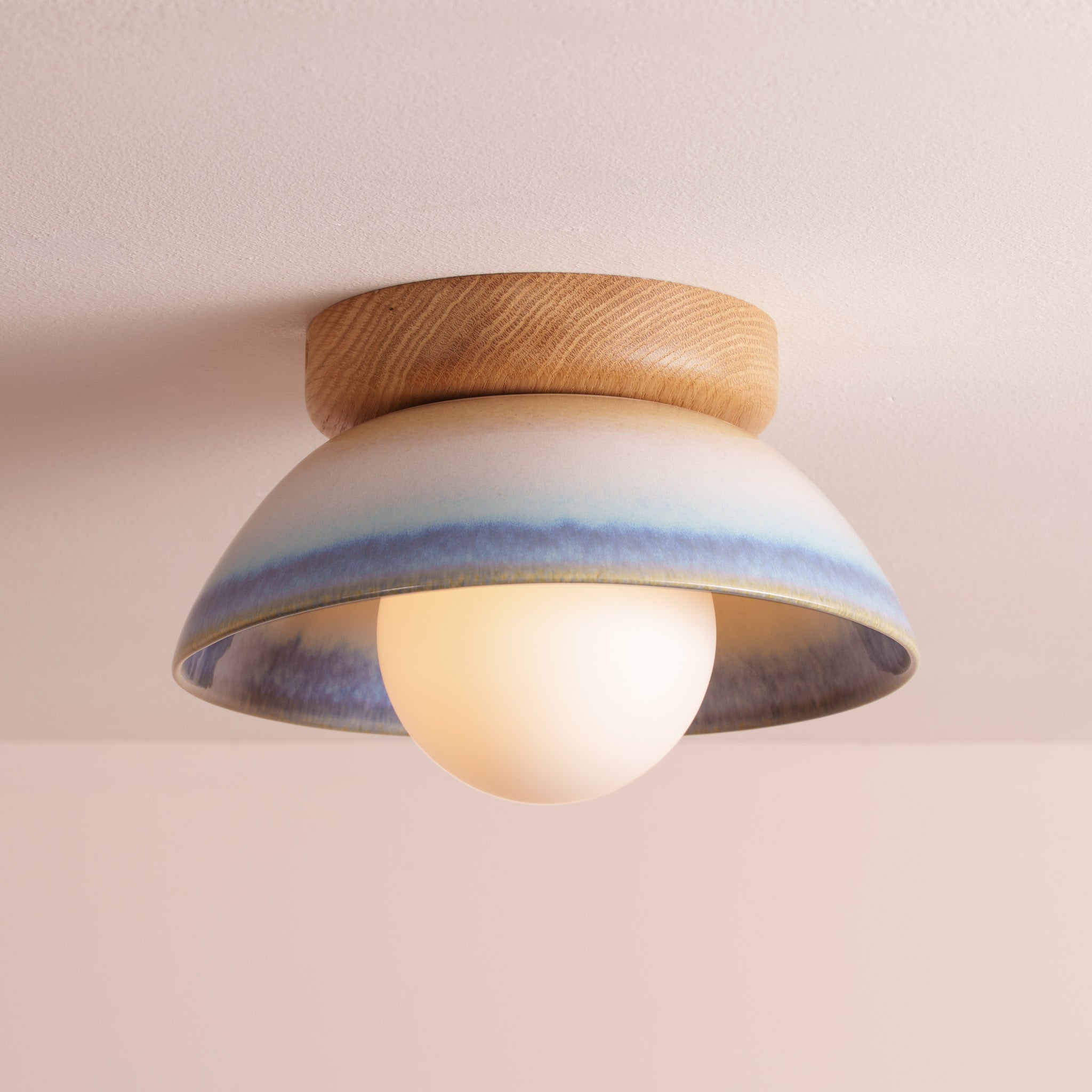 Blue and White Small Dawn Ceiling Light in Ceramic and Oak