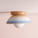 Blue and White Small Dawn Ceiling Light in Ceramic and Oak