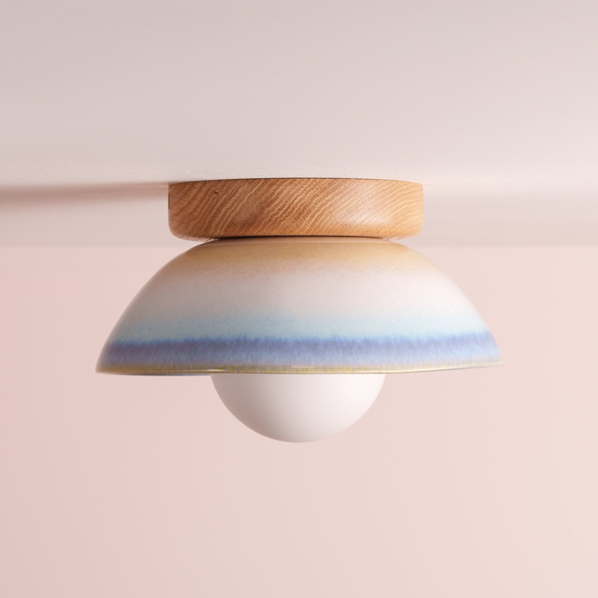 Blue and White Small Dawn Ceiling Light in Ceramic and Oak
