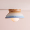 Blue and White Small Dawn Ceiling Light in Ceramic and Oak