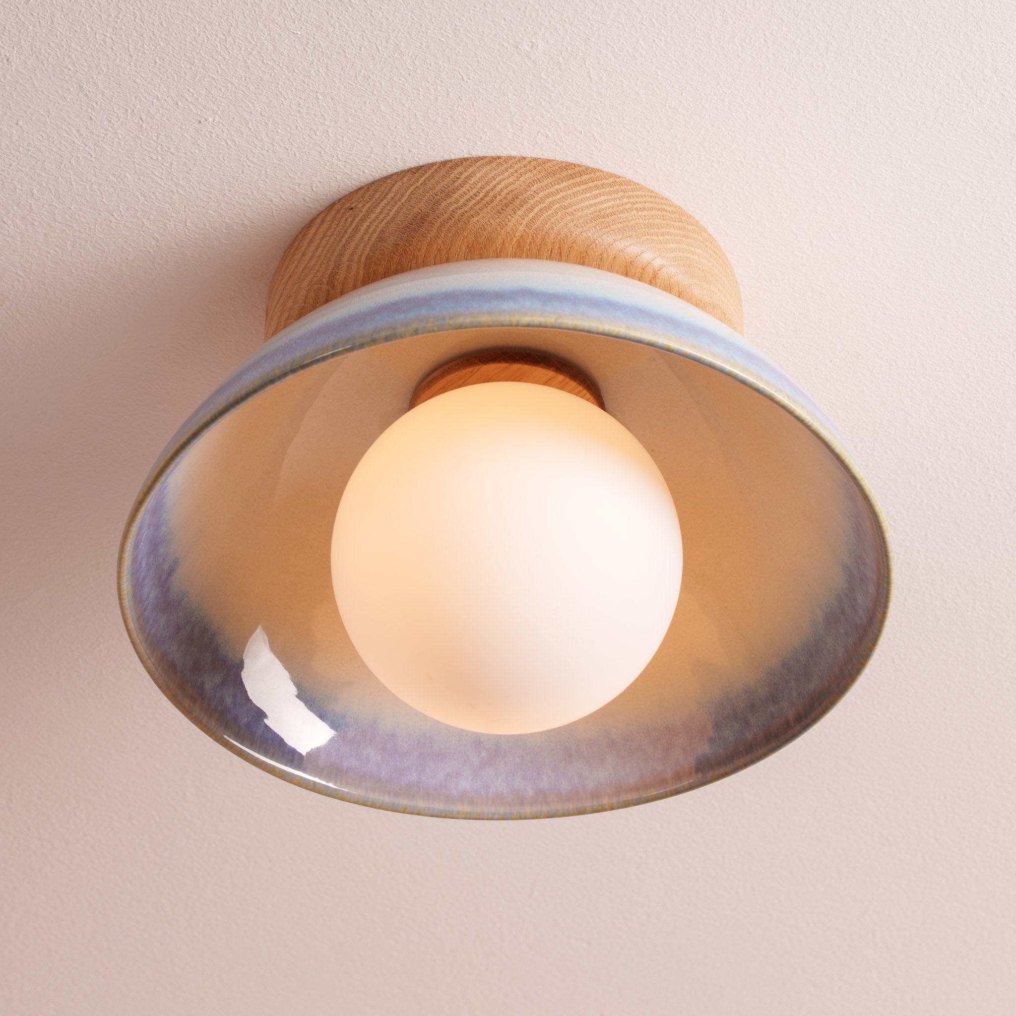 Blue and White Small Dawn Ceiling Light in Ceramic and Oak