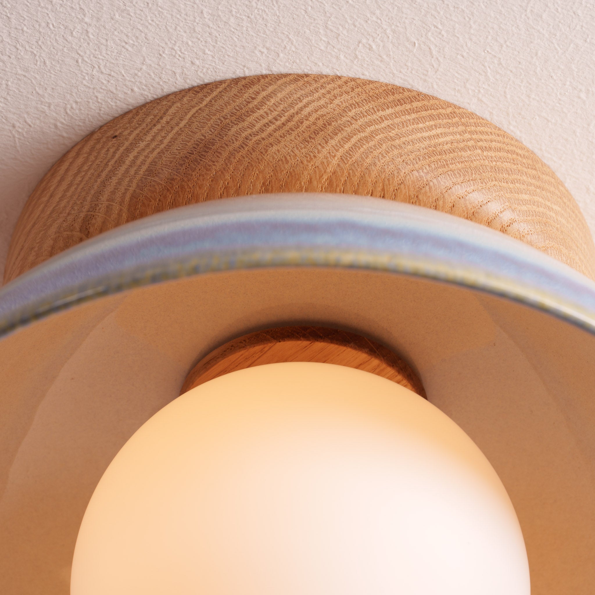 Blue and White Small Dawn Ceiling Light in Ceramic and Oak