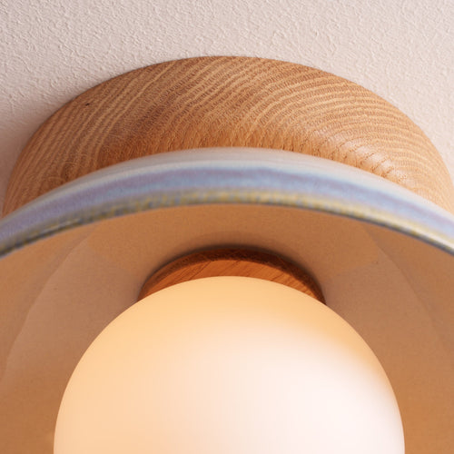 Blue and White Small Dawn Ceiling Light in Ceramic and Oak