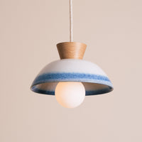 Blue and White Small Dawn Pendant Light in Ceramic and Oak